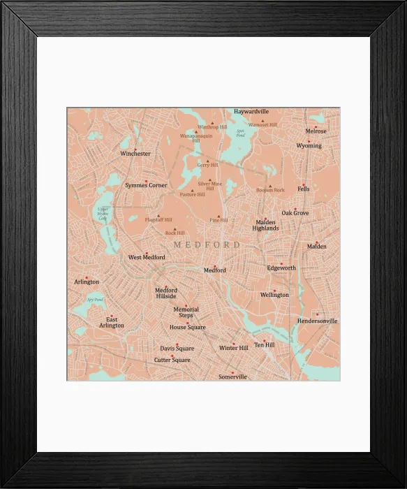 Framed Print : MA Middlesex Medford Vector Road Map Framed Print : MA Middlesex Medford Vector Road Map