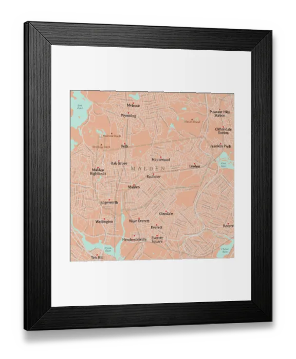 Framed Print : MA Middlesex Malden Vector Road Map Framed Print : MA Middlesex Malden Vector Road Map