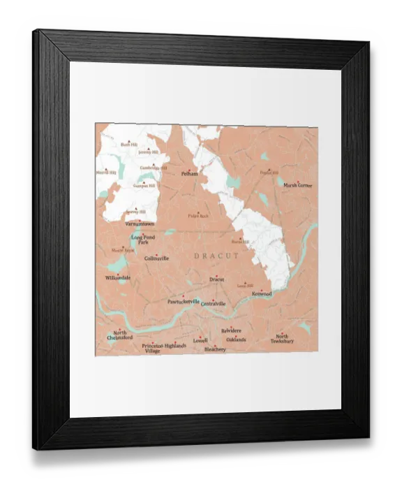 Framed Print : MA Middlesex Dracut Vector Road Map Framed Print : MA Middlesex Dracut Vector Road Map