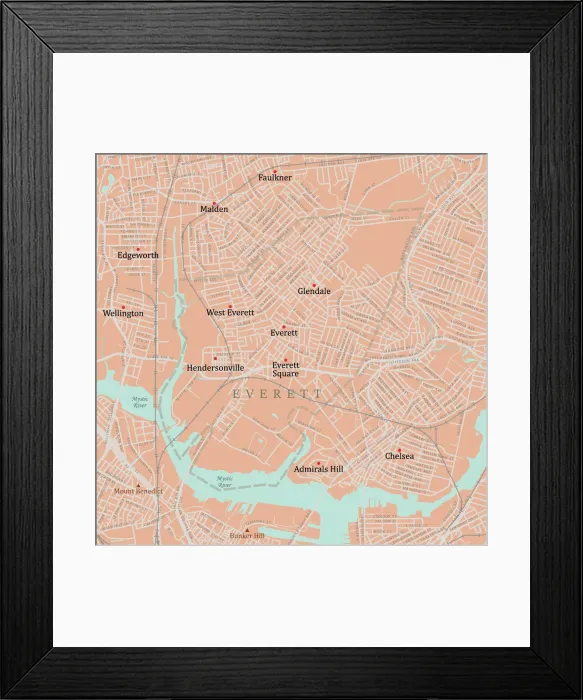 Framed Print : MA Middlesex Everett Vector Road Map Framed Print : MA Middlesex Everett Vector Road Map