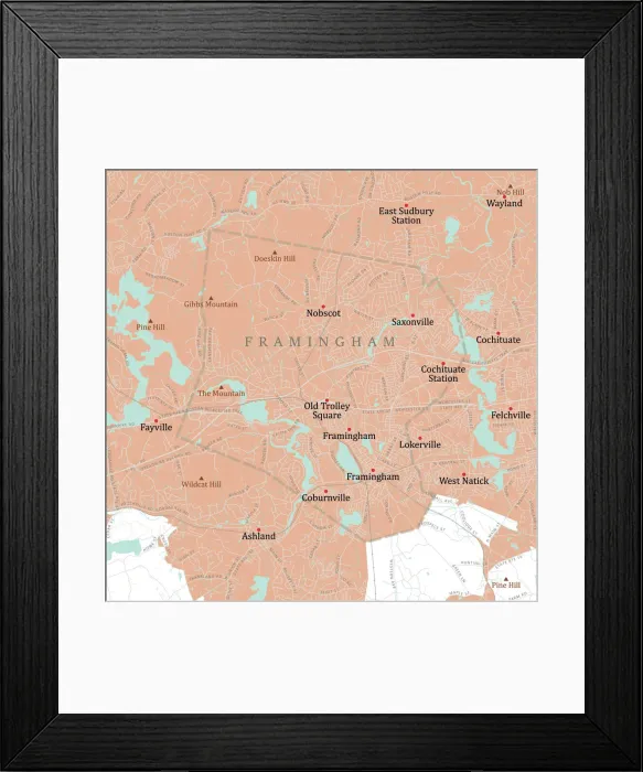 Framed Print : MA Middlesex Framingham Vector Road Map Framed Print : MA Middlesex Framingham Vector Road Map