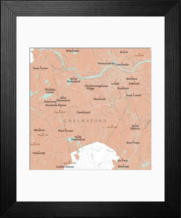 Framed Print : MA Middlesex Chelmsford Vector Road Map Framed Print : MA Middlesex Chelmsford Vector Road Map