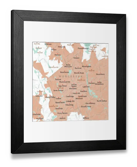 Framed Print : MA Worcester Vector Road Map Framed Print : MA Worcester Vector Road Map