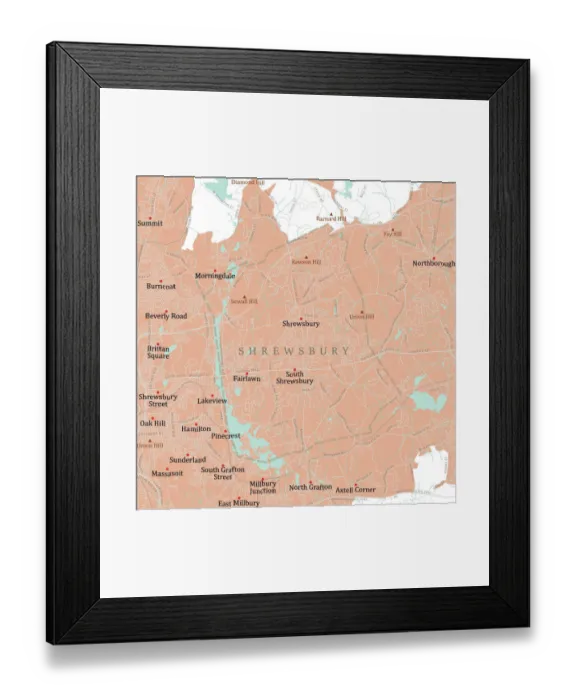 Framed Print : MA Worcester Shrewsbury Vector Road Map Framed Print : MA Worcester Shrewsbury Vector Road Map