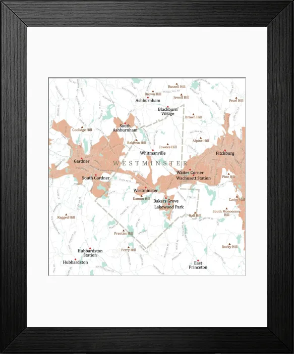Framed Print : MA Worcester Westminster Vector Road Map Framed Print : MA Worcester Westminster Vector Road Map