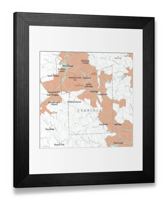 Framed Print : MA Worcester Uxbridge Vector Road Map