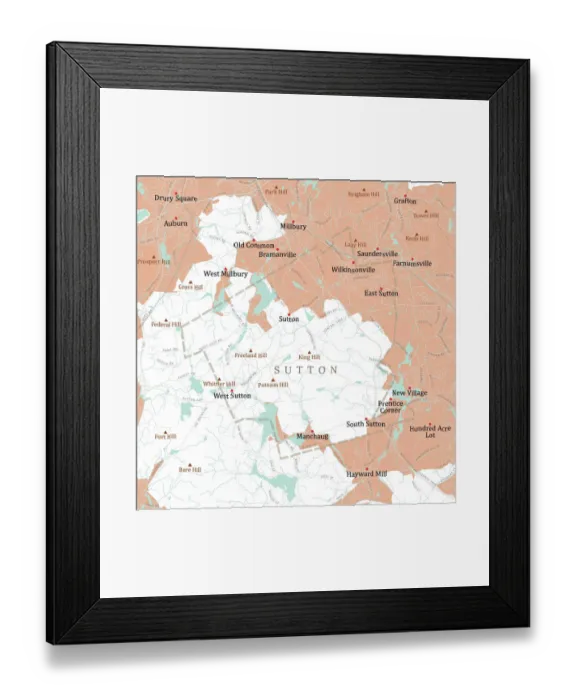 Framed Print : MA Worcester Sutton Vector Road Map Framed Print : MA Worcester Sutton Vector Road Map