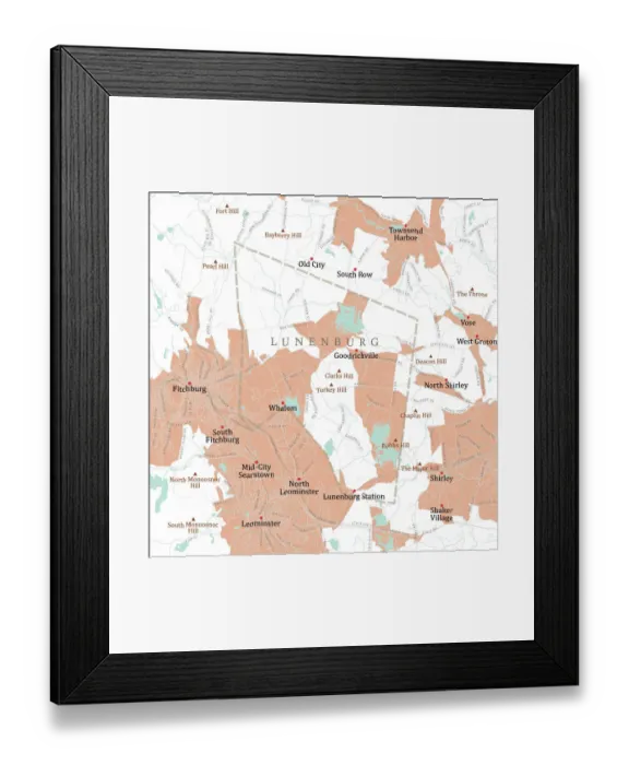 Framed Print : MA Worcester Lunenburg Vector Road Map Framed Print : MA Worcester Lunenburg Vector Road Map