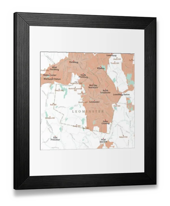 Framed Print : MA Worcester Leominster Vector Road Map