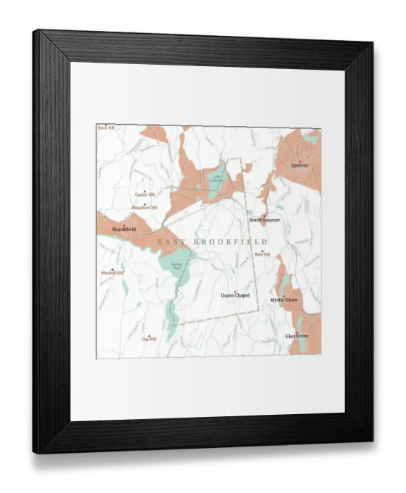 Framed Print : MA Worcester East Brookfield Vector Road Map Framed Print : MA Worcester East Brookfield Vector Road Map