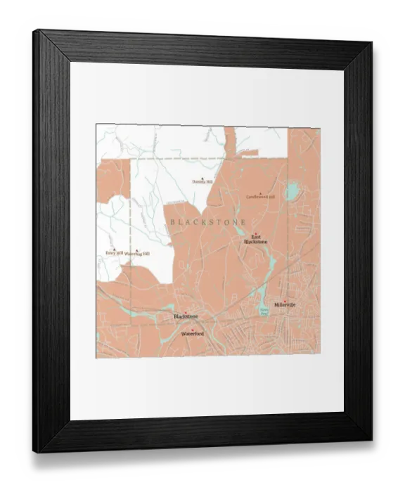 Framed Print : MA Worcester Blackstone Vector Road Map Framed Print : MA Worcester Blackstone Vector Road Map