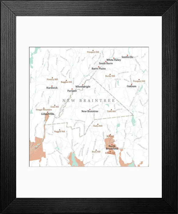 Framed Print : MA Worcester New Braintree Vector Road Map Framed Print : MA Worcester New Braintree Vector Road Map