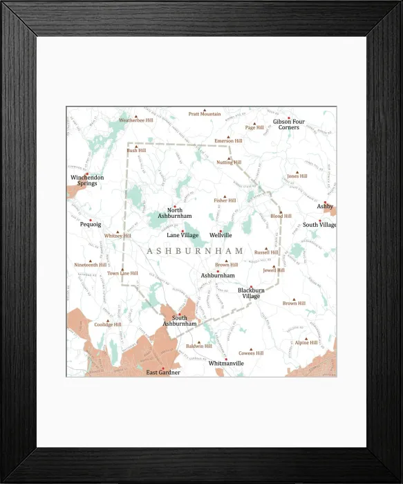 Framed Print : MA Worcester Ashburnham Vector Road Map Framed Print : MA Worcester Ashburnham Vector Road Map