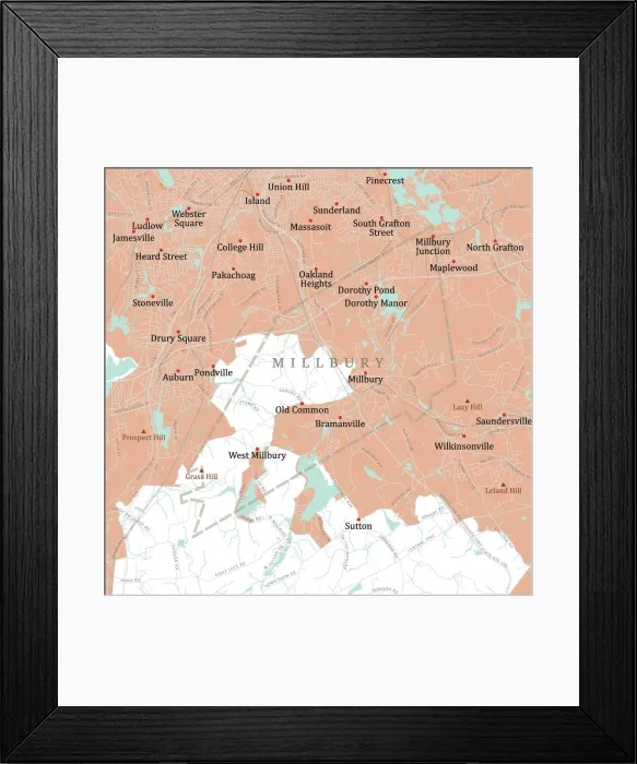 Framed Print : MA Worcester Millbury Vector Road Map Framed Print : MA Worcester Millbury Vector Road Map