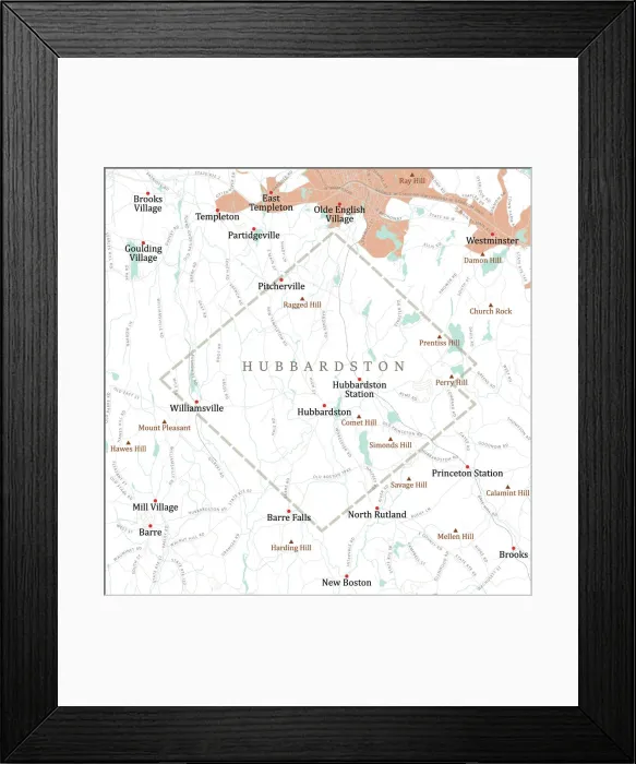 Framed Print : MA Worcester Hubbardston Vector Road Map Framed Print : MA Worcester Hubbardston Vector Road Map
