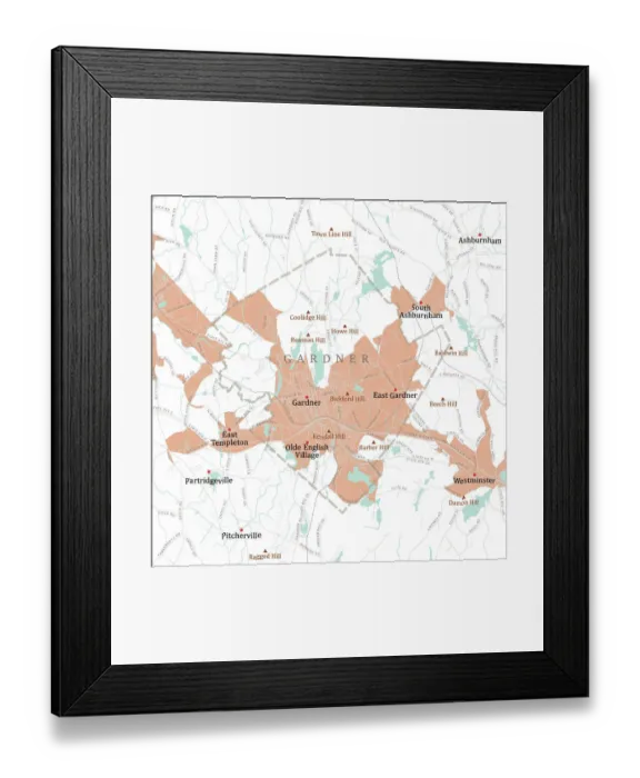 Framed Print : MA Worcester Gardner Vector Road Map Framed Print : MA Worcester Gardner Vector Road Map