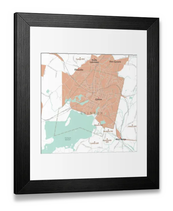 Framed Print : MA Worcester Clinton Vector Road Map Framed Print : MA Worcester Clinton Vector Road Map