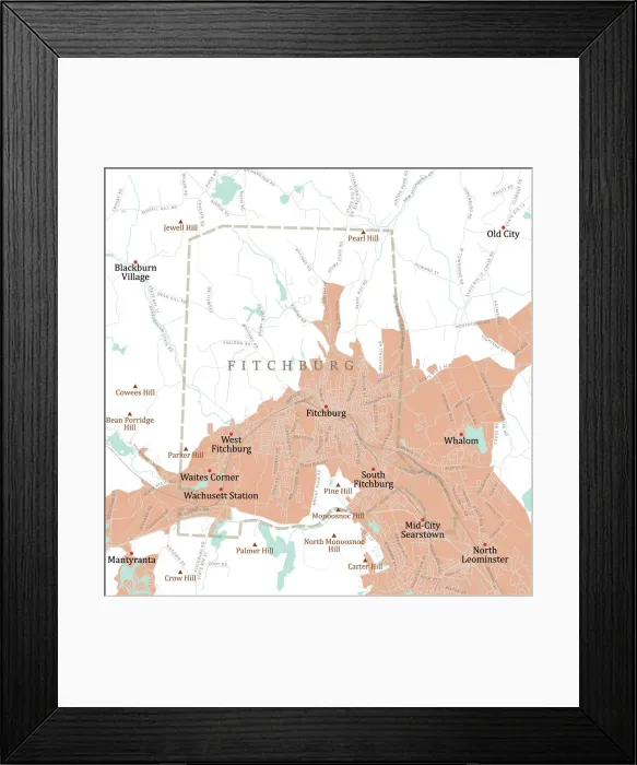 Framed Print : MA Worcester Fitchburg Vector Road Map Framed Print : MA Worcester Fitchburg Vector Road Map