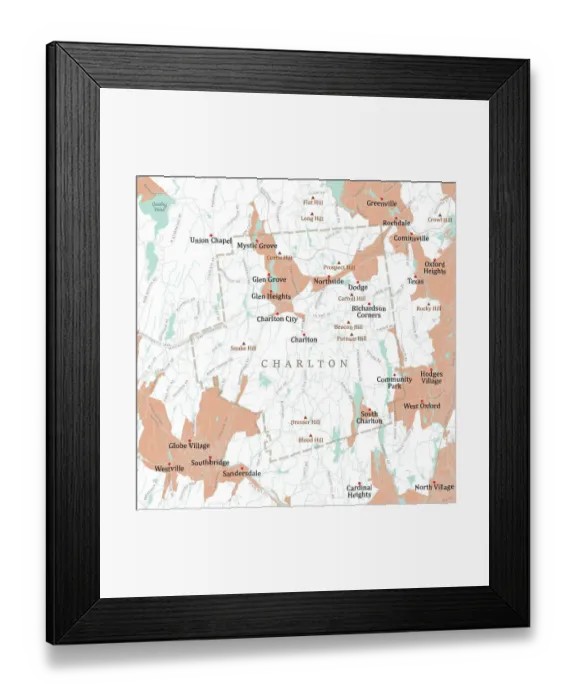 Framed Print : MA Worcester Charlton Vector Road Map Framed Print : MA Worcester Charlton Vector Road Map