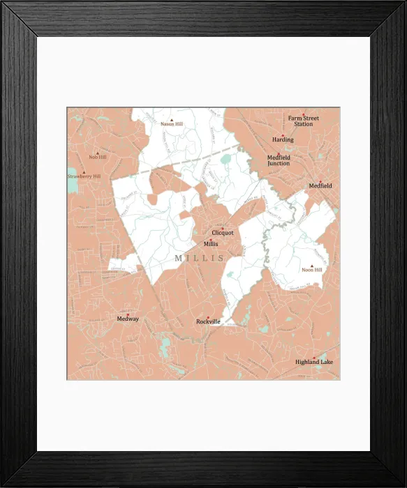 Framed Print : MA Norfolk Millis Vector Road Map