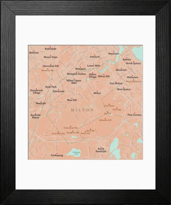 Framed Print : MA Norfolk Milton Vector Road Map Framed Print : MA Norfolk Milton Vector Road Map