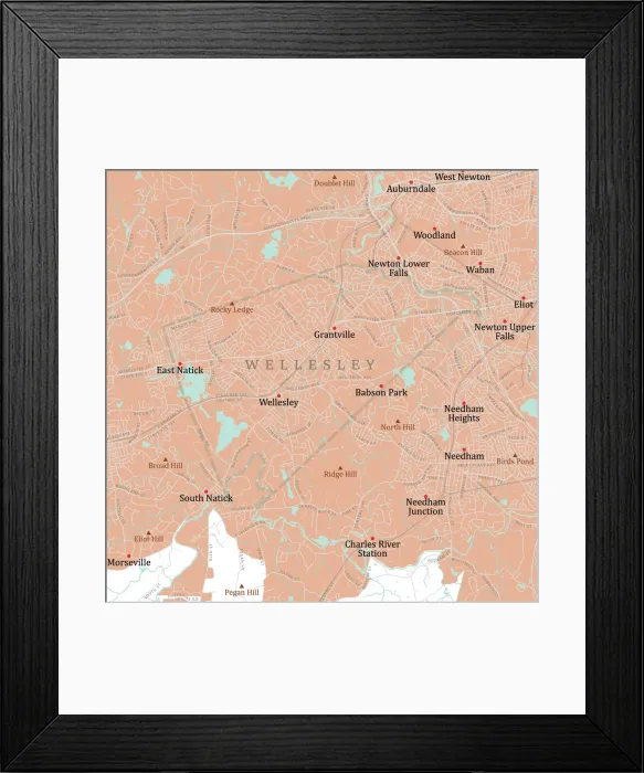 Framed Print : MA Norfolk Wellesley Vector Road Map Framed Print : MA Norfolk Wellesley Vector Road Map