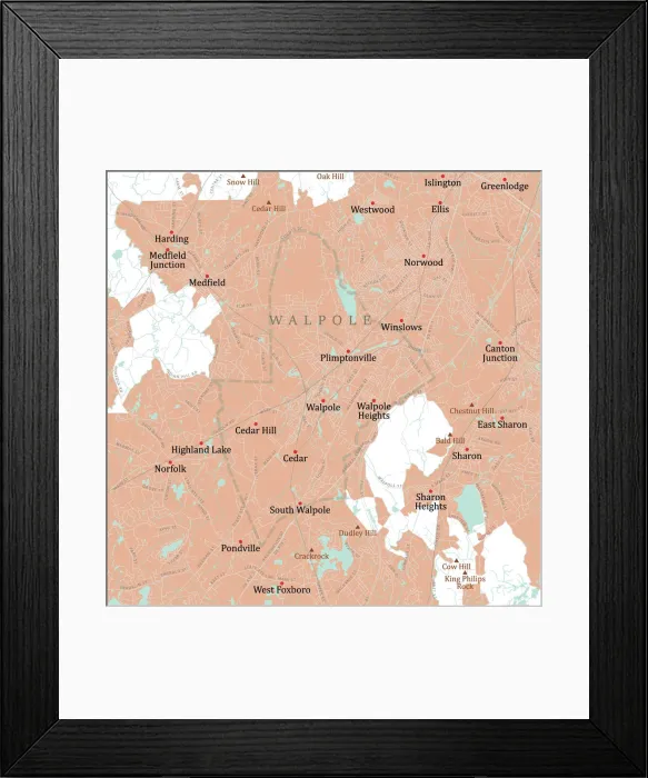 Framed Print : MA Norfolk Walpole Vector Road Map