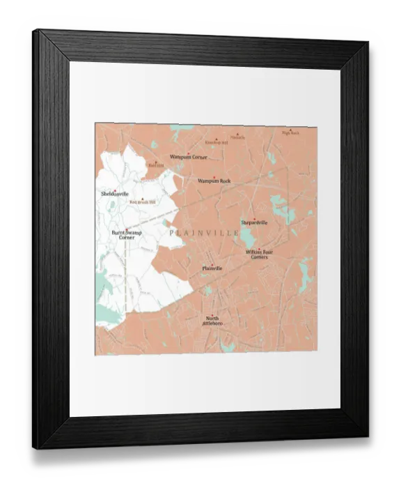 Framed Print : MA Norfolk Plainville Vector Road Map Framed Print : MA Norfolk Plainville Vector Road Map
