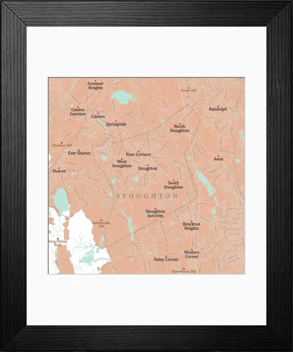 Framed Print : MA Norfolk Stoughton Vector Road Map Framed Print : MA Norfolk Stoughton Vector Road Map