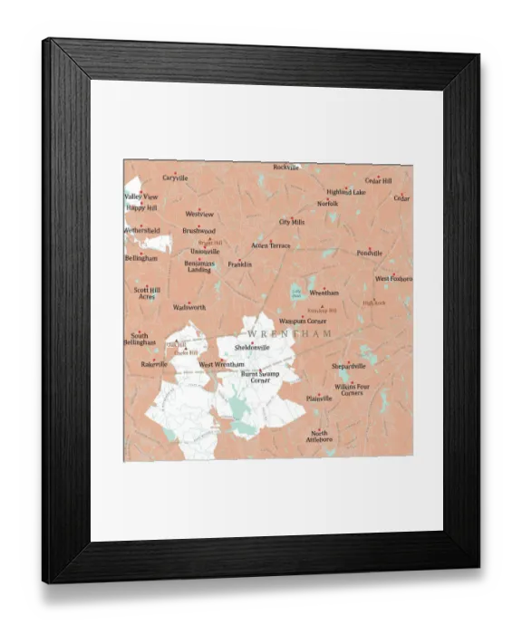 Framed Print : MA Norfolk Wrentham Vector Road Map Framed Print : MA Norfolk Wrentham Vector Road Map