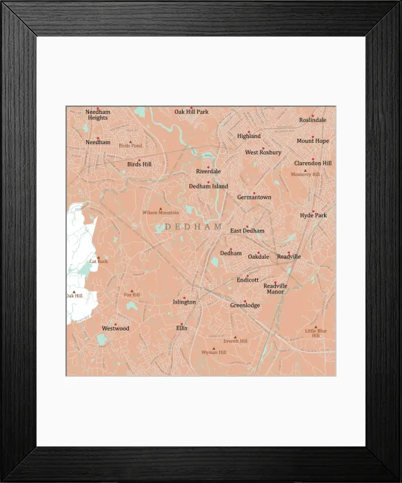 Framed Print : MA Norfolk Dedham Vector Road Map Framed Print : MA Norfolk Dedham Vector Road Map