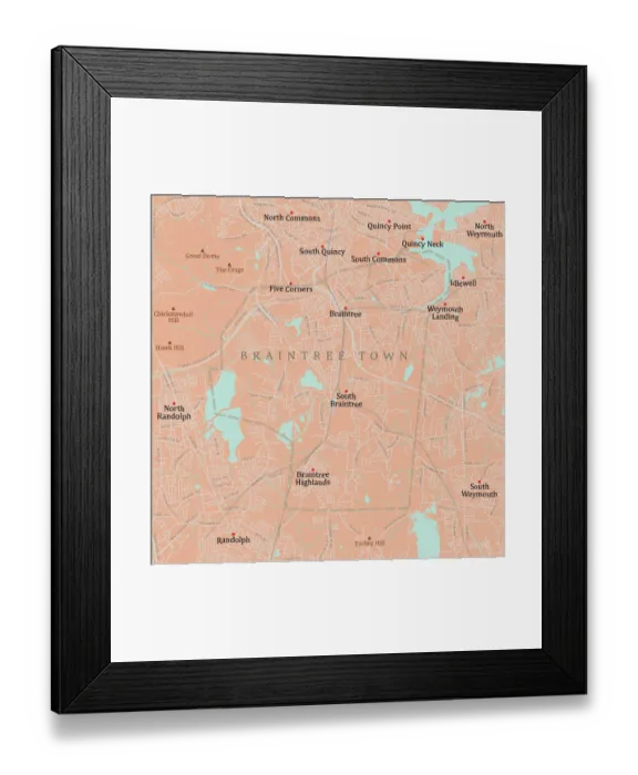 Framed Print : MA Norfolk Braintree Town Vector Road Map Framed Print : MA Norfolk Braintree Town Vector Road Map