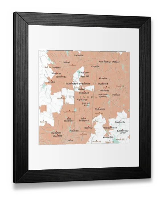 Framed Print : MA Norfolk Bellingham Vector Road Map Framed Print : MA Norfolk Bellingham Vector Road Map