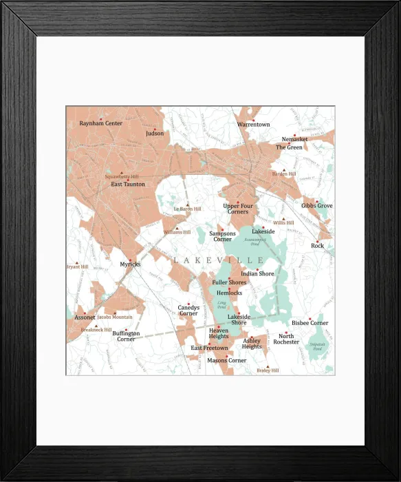 Framed Print : MA Plymouth Lakeville Vector Road Map Framed Print : MA Plymouth Lakeville Vector Road Map