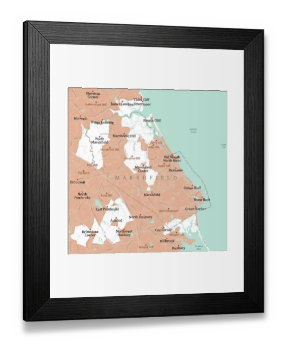 Framed Print : MA Plymouth Marshfield Vector Road Map Framed Print : MA Plymouth Marshfield Vector Road Map
