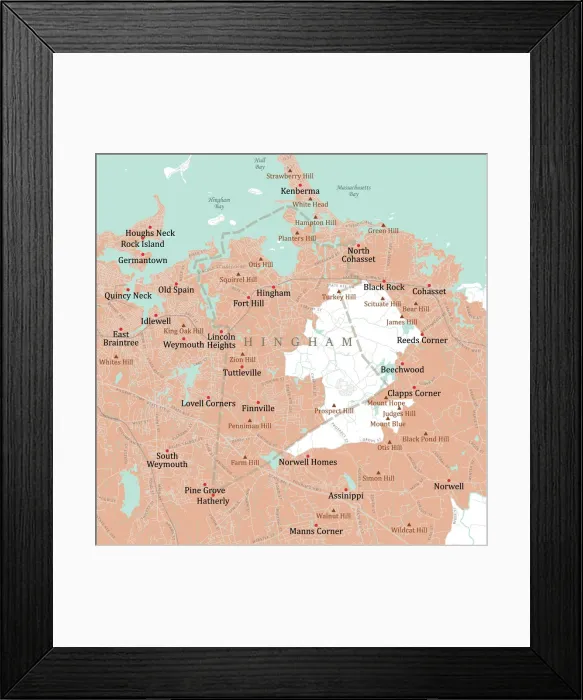 Framed Print : MA Plymouth Hingham Vector Road Map Framed Print : MA Plymouth Hingham Vector Road Map