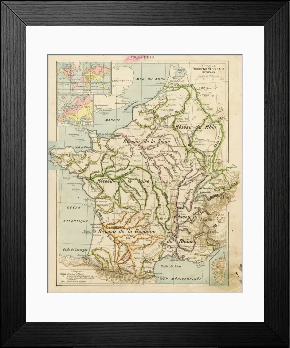 Framed Print : France drainage of network water map 1887 Framed Print : France drainage of network water map 1887
