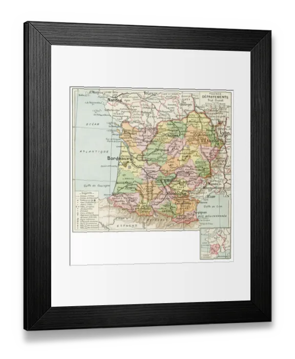 Framed Print : France south west regions map 1887 Framed Print : France south west regions map 1887