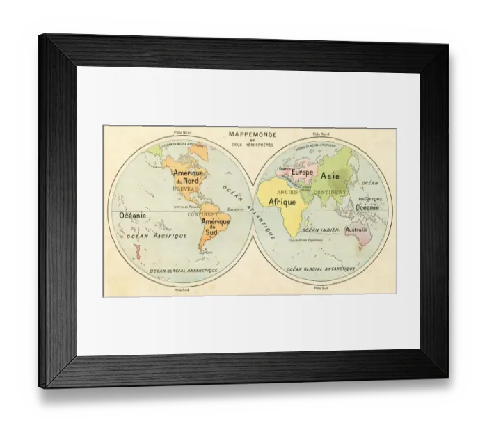 Framed Print : Hemispheres map 1887 Framed Print : Hemispheres map 1887