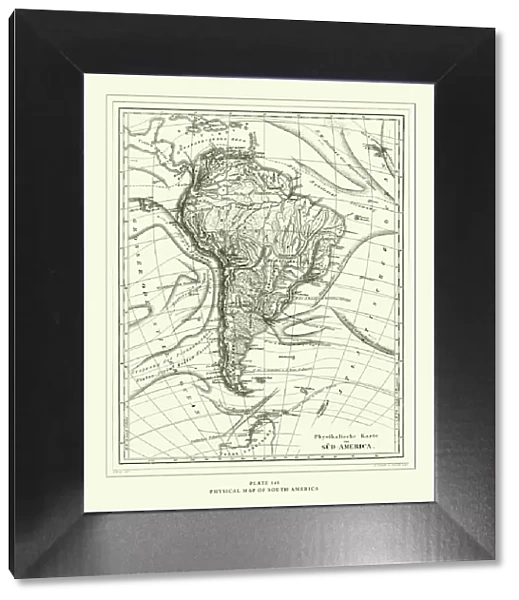 Engraved Antique, Physical Map of South America Engraving Antique Illustration