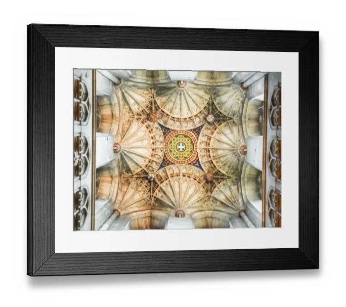 Framed Print : Majestic tracery details on crossing ceiling with fan vaulting in Canterbury Cathedral in