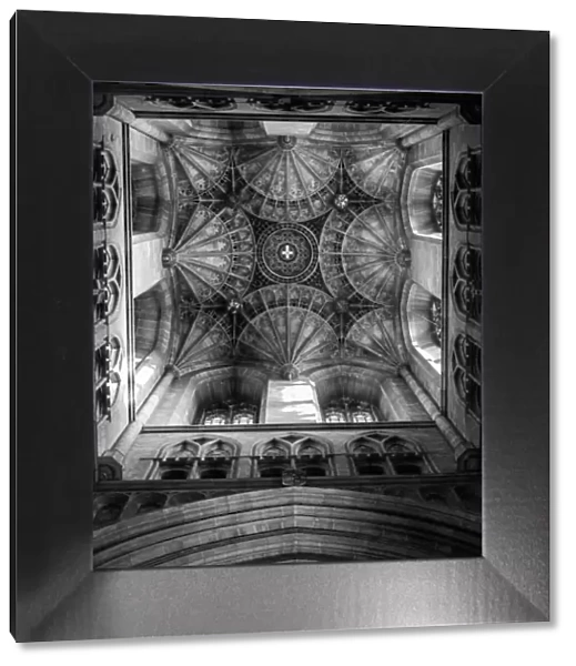 Unique upward perspective of architectural detail in the Canterbury Cathedral
