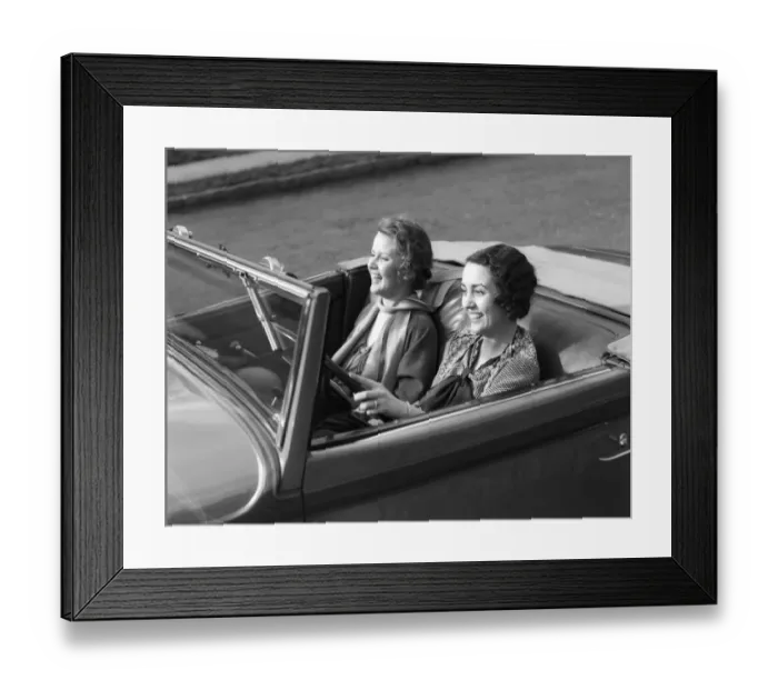 Framed Print : Women Both Are Laughing While The Drivers Wearing A Wedding Band & Lace Shawl Driving A Framed Print : Women Both Are Laughing While The Drivers Wearing A Wedding Band & Lace Shawl Driving A