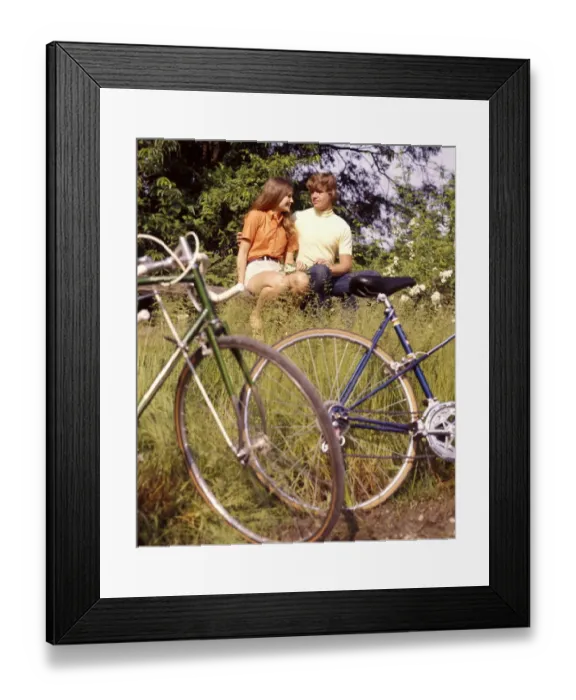 Framed Print : Young Adults Teenagers Field Date Bikes Bicycles Flowers (1970 1970s Retro) Framed Print : Young Adults Teenagers Field Date Bikes Bicycles Flowers (1970 1970s Retro)