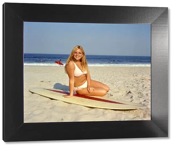 Blond Blonde Woman Young Pink Bikini Sitting On Beach Lean Surf Board