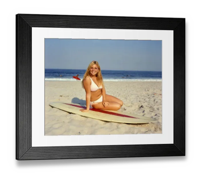 Framed Print : Blond Blonde Woman Young Pink Bikini Sitting On Beach Lean Surf Board Framed Print : Blond Blonde Woman Young Pink Bikini Sitting On Beach Lean Surf Board