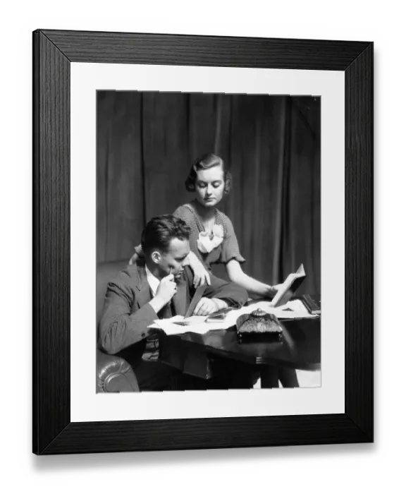 Framed Print : Couple At A Desk With Check Books Papers Balance Books & Inkwell The Woman Wearing A Framed Print : Couple At A Desk With Check Books Papers Balance Books & Inkwell The Woman Wearing A