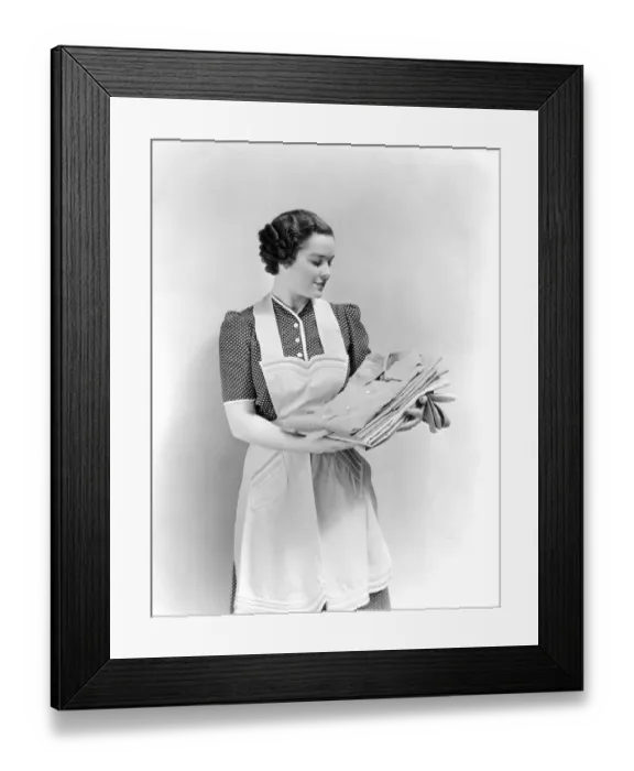 Framed Print : Woman Holding Clean Laundry Shirts Wearing Polka Dot Dress And Apron Pride Housewife Framed Print : Woman Holding Clean Laundry Shirts Wearing Polka Dot Dress And Apron Pride Housewife