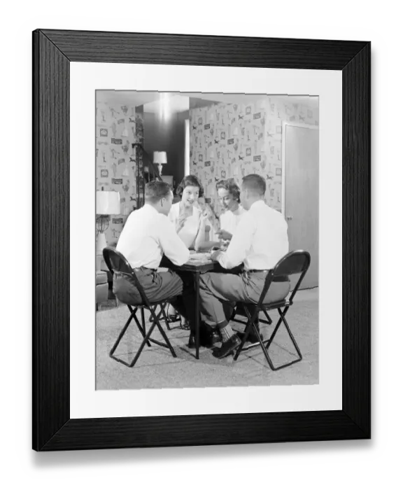 Framed Print : Two couples playing bridge around card table. (Photo by H