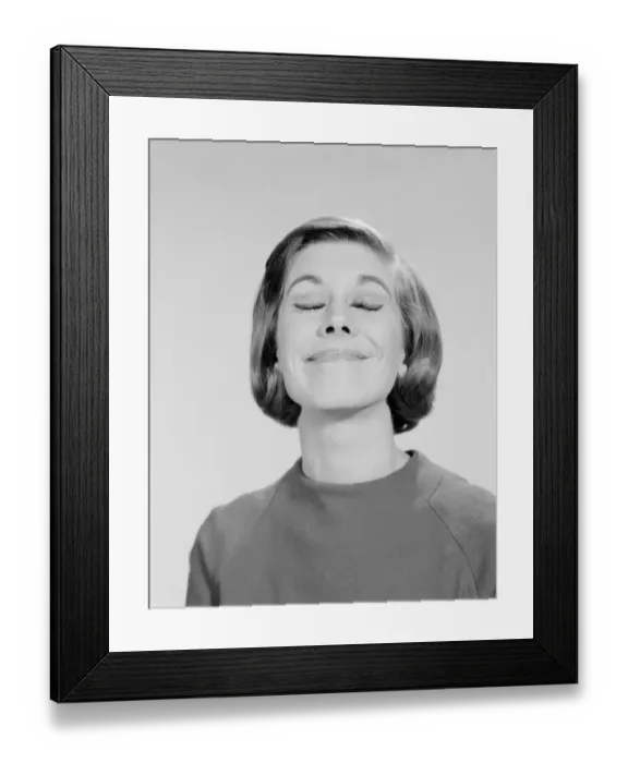 Framed Print : Girl smiling with closed eyes and head raised back Framed Print : Girl smiling with closed eyes and head raised back